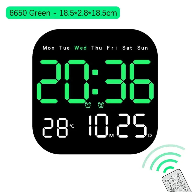 Green LED digital clock with remote control and dimensions