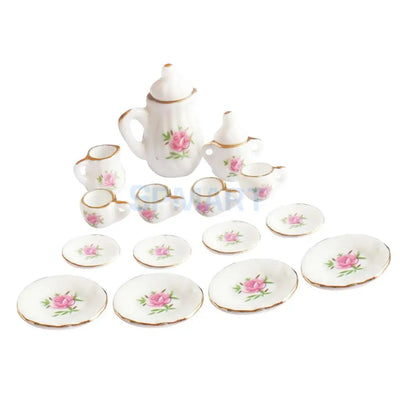 15 Peices Dolls House Miniatures Dining Ware Porcelain Tea Set Pot Cup Dish Pink Rose