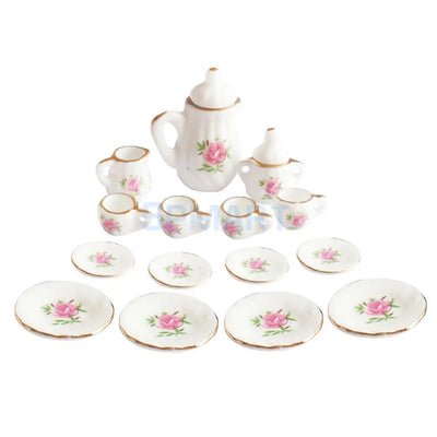 15 Peices Dolls House Miniatures Dining Ware Porcelain Tea Set Pot Cup Dish Pink Rose