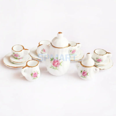 15 Peices Dolls House Miniatures Dining Ware Porcelain Tea Set Pot Cup Dish Pink Rose