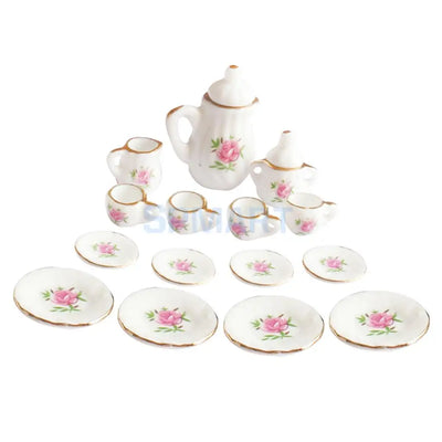 15 Peices Dolls House Miniatures Dining Ware Porcelain Tea Set Pot Cup Dish Pink Rose