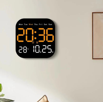 Orange LED digital clock with time, date, and temperature