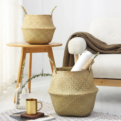 Wicker Storage Baskets Straw Wicker Rattan Hanging Flowerpot Seagrass Folding Laundry Basket Plant Basket Seaweed Home Decor