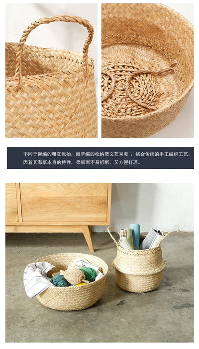 Wicker Storage Baskets Straw Wicker Rattan Hanging Flowerpot Seagrass Folding Laundry Basket Plant Basket Seaweed Home Decor