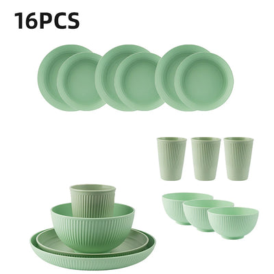 16Pcs Wheat Straw Tablewar Sets Bowl Saucers Plate Sets Portable Picnic Cutlery Knife Fork Black Dinnerware Camping Dishes Full