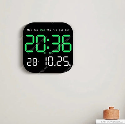 Green LED digital wall clock with date and temperature display