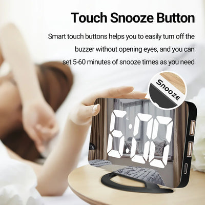 Touch snooze button on digital alarm clock