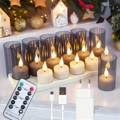 LED Candle Light Rechargeable Flameless Candles Timer Remote Tea Lights With Black Cups For Wedding Home Decor Christmas Lamp