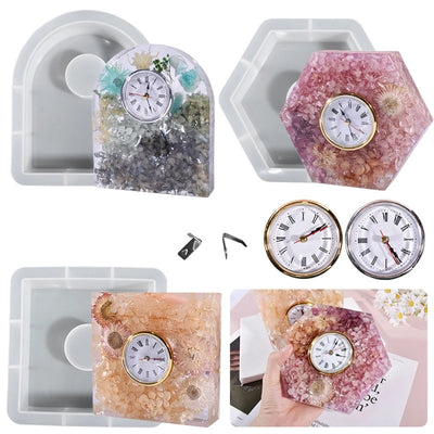 Silicone molds and completed resin clocks with floral designs.