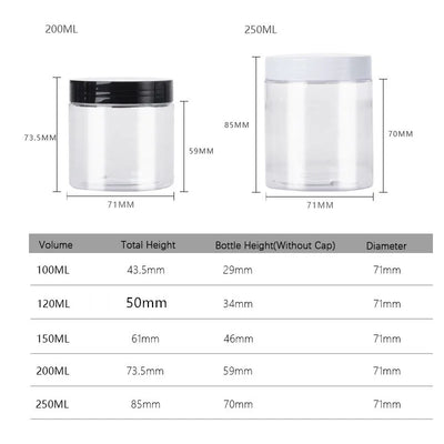 12Pcs 100/120/150/200/250ml Clear Plastic Jar and Lids Skincare Cosmetic Cream Jar Travel Set Refillable Bottles Storage Jars