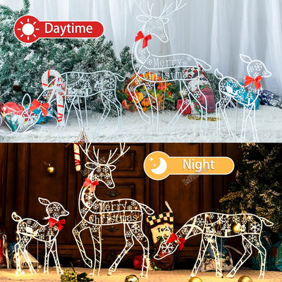 3PCS Handmake Iron Art Elk Deer Christmas Garden Decor &LED Light Glowing Glitter Reindeer Xmas Home Outdoor Yard Ornament Decor