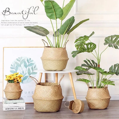 Wicker Storage Baskets Straw Wicker Rattan Hanging Flowerpot Seagrass Folding Laundry Basket Plant Basket Seaweed Home Decor