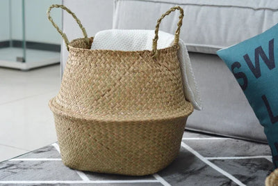 Wicker Storage Baskets Straw Wicker Rattan Hanging Flowerpot Seagrass Folding Laundry Basket Plant Basket Seaweed Home Decor