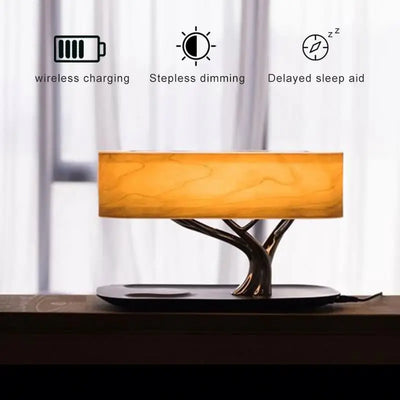 Multifunctional  Hometree Desk Lamp Wooden Bedroom Table Lamp With Speaker Wireless Charging Night Light