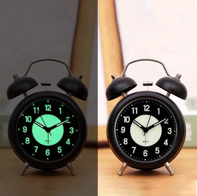 Black retro twin bell alarm clock day and night view