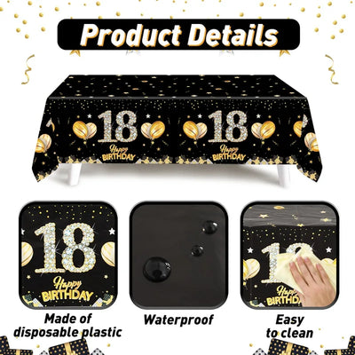 Gold Black Birthday Table Cloth 18 Years Old Birthday Decoration Happy Birthday Party Supplies Gold Glitter Tablecloth Decor