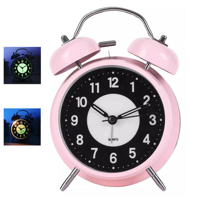 Pink retro twin bell alarm clock with luminous dial