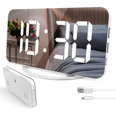 Digital alarm clock with large LED display and USB cable