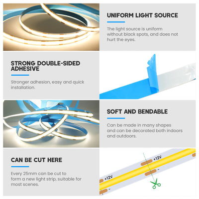 LED strip features: adhesive, bendable, cuttable