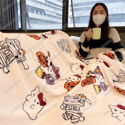 New Christmas Halloween Ghost Hello Kitty Plush Cartoon Large Flannel Blanket Cute Cotton Sofa Nap Blanket Bed Sheet Xmas Gift