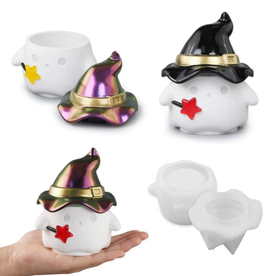 DIY Halloween Hat Ghost Storage Box Silicone Molds Gypsum Jewelry Jar with Lid Mirror Decoration Ornament Resin Mold Handicrafts