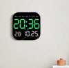 Green LED digital wall clock displaying time and temperature