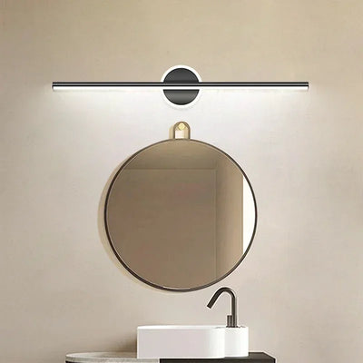 Nordic LED mirror lamp above round mirror